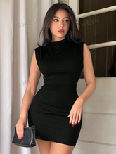 Solid Color Pleated Bodycon Sleeveless Dress